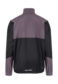 Rückansicht einer langärmligen Jacke mit hohem Kragen, die schwarz und dunkelgraue Farbfelder sowie einen elastischen Saum aufweist.