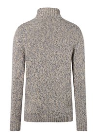 Knitted sweater with a high collar, featuring a textured pattern in beige and blue hues, long sleeves, and ribbed cuffs and hem.