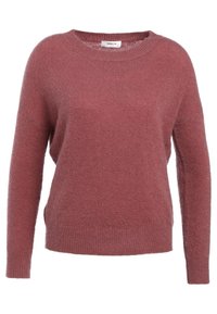 Maglione oversize in tinta rosa tenue. Caratterizzato da un collo arrotondato, maniche lunghe e una morbida texture pelosa con dettagli a coste sull'orlo.