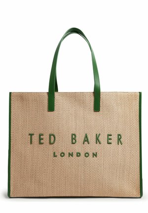 Sac fourre-tout tissé beige avec anses et bordure vertes, présentant le logo "Ted Baker London" en lettres vertes sur le devant.