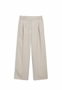 Light beige wide-leg trousers with front pleats, side pockets, belt loops, and button closure at the waist.