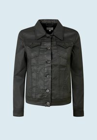 Schwarze Jeansjacke mit figurbetontem Design, Knopfverschluss, zwei Vordertaschen und einem Spitzenkragen. Glatte Textur und genähte Details.