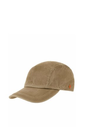 Brown corduroy baseball cap with curved brim and small round orange logo on the side, isolated on white background.