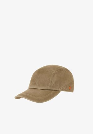 Brown corduroy baseball cap with curved brim and small round orange logo on the side, isolated on white background.