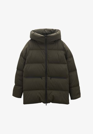 Olive green puffer jacket with a high collar, large quilted design, front zip closure, and two zippered side pockets.