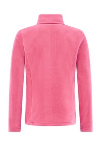 Roze fleece jack met een hoge kraag, lange mouwen en een gladde textuur. Ontworpen met een getailleerde pasvorm en minimale details.