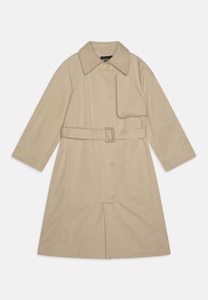 Trinchera beige con cintura ceñida, gran solapa, mangas largas y botones a presión. Tejido suave con una silueta recta y abertura central en la parte posterior.