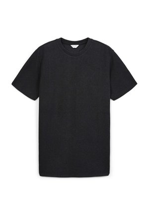 Schwarzes kurzärmliges T-Shirt aus weicher Baumwolle. Rundhalsausschnitt und lockere Passform. Geschmeidige Textur ohne sichtbare Muster oder Akzente.