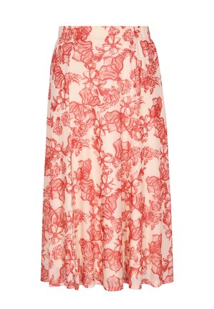 Světle růžová midi sukně s červeným květinovým liniovým potiskem, plisovanými detaily a jemnou splývavou látkou.