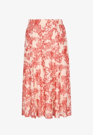 Világos rózsaszín midi szoknya piros virágvonal mintával, pliszírozott részletekkel és puha, légies anyagból.