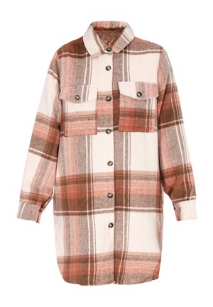 Cămașă cu pătrățele, confecționată dintr-un material moale. Paleta de culori include crem, rugină și maro. Dispune de două buzunare pe piept și de un guler.