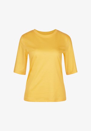 T-shirt en coton jaune avec col rond et manches courtes. Texture lisse, design minimaliste et coupe ajustée. Sans motifs ni accents.