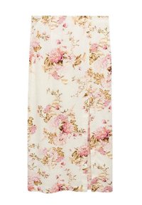 Květinová midi sukně v krémové tkanině s růžovými a béžovými květinami. Má boční rozparek a knoflíky podél jedné strany pro zapínání.
