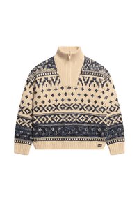 Crèmekleurige gebreide trui met een hoge kraag, voorzien van blauwe geometrische patronen en geribbelde manchetten. Ritssluiting bij de nek voor extra detail.