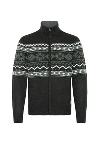 Mørkegrå strikkegenser med høy krage, glidelås, mønstrete bånd i nyanser av grått, hvite snøfnugg og geometriske design.