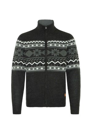 Sötét szürke kötött pulóver magas gallérral, cipzáras záródással, szürke árnyalatokban mintás sávval, fehér hópelyhekkel és geometriai mintákkal.
