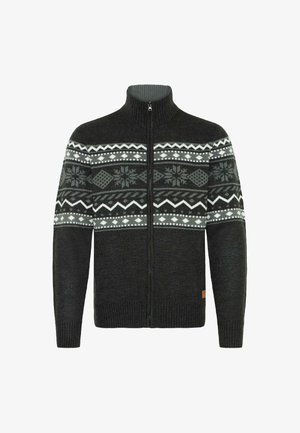 Tmavo šedý pletený sveter s vysokým golierom, zapínaním na zips a vzorovaným pásom v odtieňoch šedej, bielymi snehovými vločkami a geometrickými vzormi.