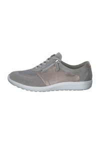 Gray athletic shoe with a mix of smooth and textured suede, a lace-up design, side zipper, and white rubber sole.