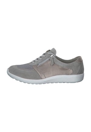 Gray athletic shoe with a mix of smooth and textured suede, a lace-up design, side zipper, and white rubber sole.