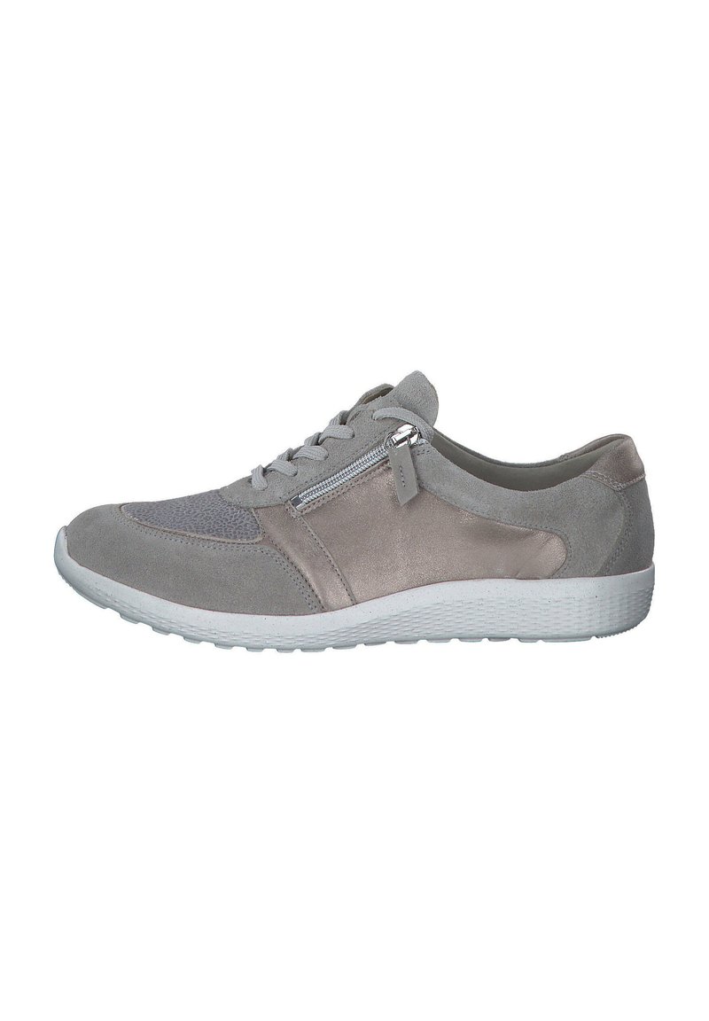 Gray athletic shoe with a mix of smooth and textured suede, a lace-up design, side zipper, and white rubber sole.