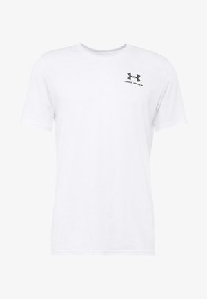 White cotton t-shirt with short sleeves. Features a small black "Under Armour" logo on the chest. Classic crew neck design.