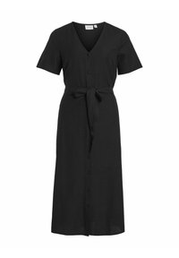 Juodas midi suknelė su trumpomis rankovėmis, V formos iškirpte, sagų priekyje ir surištu liemeniu. Pagaminta iš minkštos medžiagos su glotnia tekstūra.