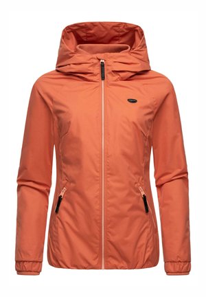 Orange lightweight jacket with a hood, featuring a full front zipper, two side pockets, and elastic cuffs. Smooth fabric and simple design.