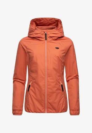 Oranžna lahka jakna s kapuco, ki ima poln sprednji zadrgo, dva stranska žepa in elastične manšete. Gladko blago in preprost dizajn.