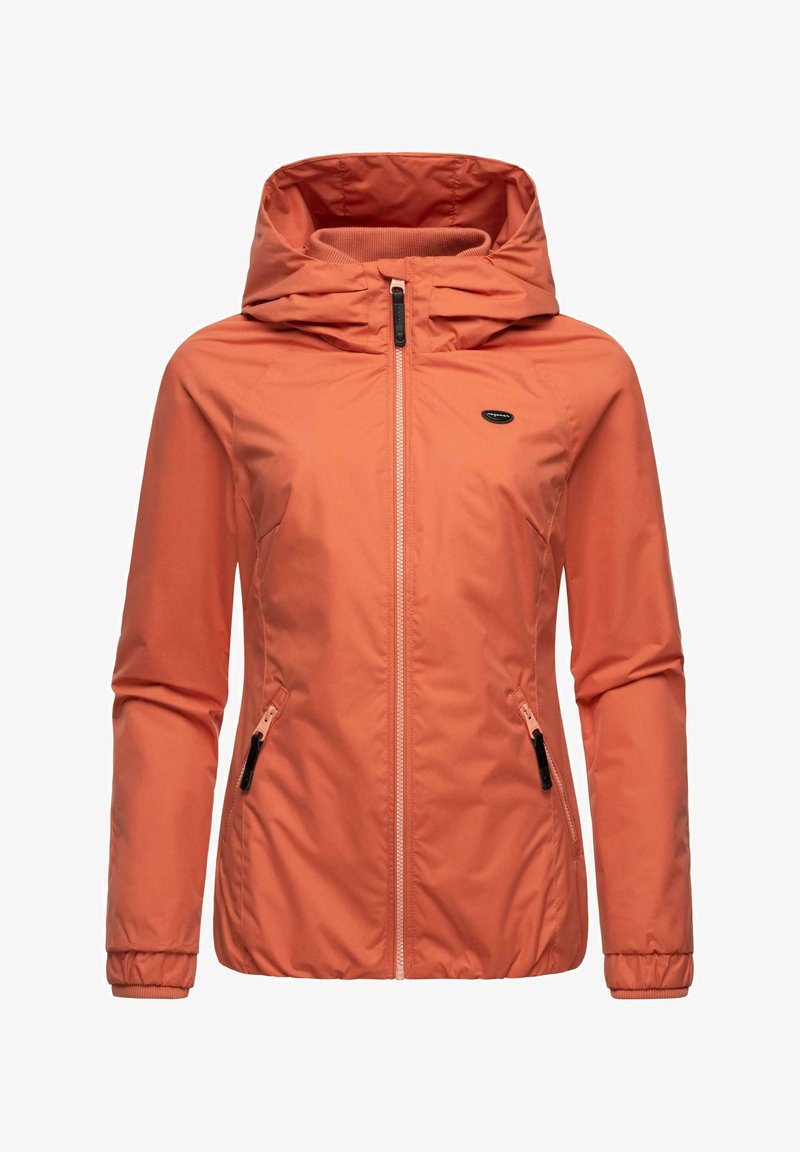 Kerge oranž jakk kapuutsiga, täisfrontaalse tõmbluku, kahe küljetasku ja elastsete varrukatega. Sile kangas ja lihtne disain.