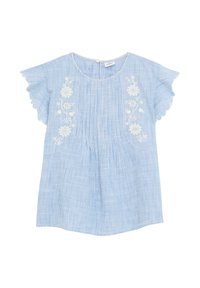 Bluse mit blauen Streifen, Rüschenshortärmeln, weißen Blumenstickereien auf der Vorderseite und einem runden Halsausschnitt mit Knopfverschluss auf der Rückseite.