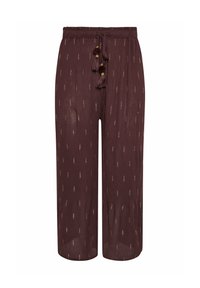 Pantalones culottes burdeos con cintura ajustable, con destellos dorados en patrones verticales y adornos de borlas en la parte delantera. Tela suave y ligera.