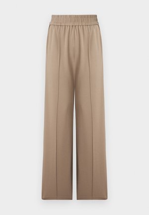 Beige široké kalhoty s elastickým pasem, vyrobené z měkké tkaniny, s předními sklady pro zvýraznění textury a hladkým povrchem.