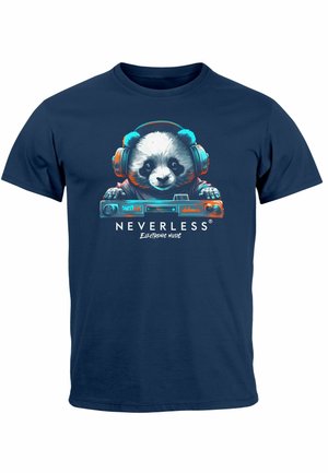 Navy blue short-sleeve t-shirt featuring a panda wearing headphones, with a design of a cassette player and the text "NEVERLESS Electronic Music."