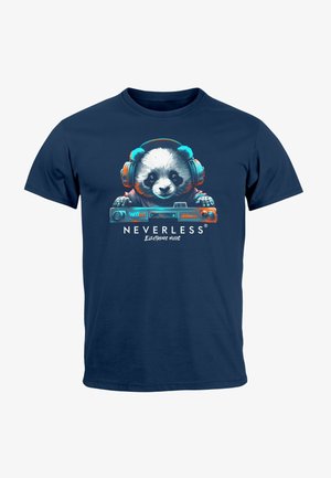 Navy blue short-sleeve t-shirt featuring a panda wearing headphones, with a design of a cassette player and the text "NEVERLESS Electronic Music."