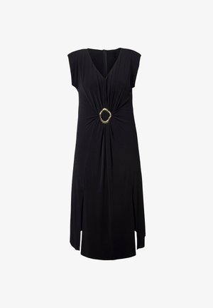 Abito midi nero senza maniche con scollo a V, tessuto arricciato in vita e dettaglio con fibbia circolare in metallo dorato al centro davanti.