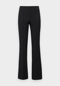 Zwarte flared broek met een geribbelde textuur, een aansluitende taille en verticale naaddetails. Gemaakt van rekbaar materiaal voor comfort.