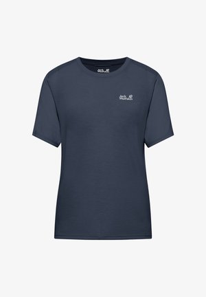 T-shirt bleu marine à manches courtes avec un col rond et un petit logo blanc imprimé sur la poitrine. Fabriqué en tissu léger et respirant.