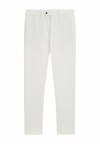 Pantaloni grigi chiari a gamba dritta realizzati in tessuto morbido. Presentano tasche laterali, chiusura con bottone e una superficie liscia.