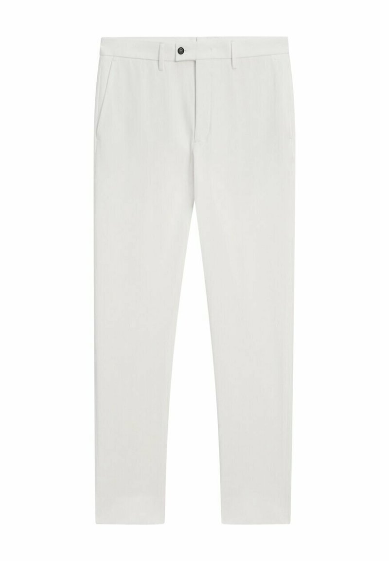 Pantaloni grigi chiari a gamba dritta realizzati in tessuto morbido. Presentano tasche laterali, chiusura con bottone e una superficie liscia.