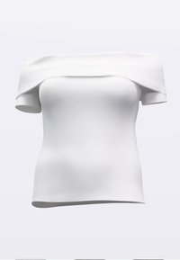 Bela majica brez ramen iz gladkega blaga. Kratki rokavi, oprijeto telo in nabrana izrezali. Minimalističen dizajn brez vzorcev.