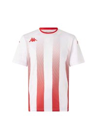 Witte t-shirt met korte mouwen, voorzien van rode gradient strepen en een effen rode kraag. Heeft een logo op de linker borst en rode accenten op de mouwen.