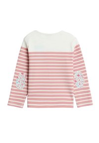 Camiseta de manga larga con rayas horizontales rosas y blancas. Presenta parches florales en los codos. Tejido suave, escote redondo.