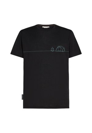 Black t-shirt made of smooth fabric featuring light blue line drawings of a campfire and tent across the chest. Classic round neckline.