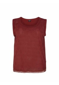 Top rosso senza maniche con scollo rotondo, tessuto strutturato con motivi sottili e un bordo all'uncinetto all'orlo.