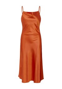 Satin oranje slipdress met dunne bandjes, gladde textuur, kniehoogte en een simpele, elegante silhouet. Geen zichtbare patronen of accenten.
