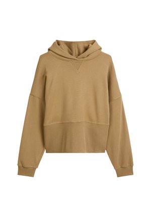 Khaki hoodie met geribbelde manchetten en zoom. Zachte stof, losse pasvorm, met een V-hals en verlaagde schouders.