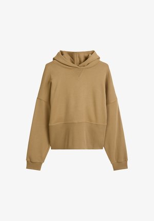 Khaki hoodie met geribbelde manchetten en zoom. Zachte stof, losse pasvorm, met een V-hals en verlaagde schouders.