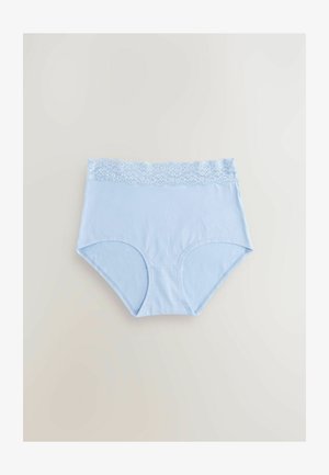 Mutande a vita alta di un blu chiaro con una fascia in pizzo. Materiale in cotone morbido, texture liscia e aperture per le gambe curve.