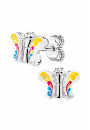 Boucles d'oreilles clous papillon en argent avec des ailes blanches ornées de motifs tourbillonnants jaunes, roses et bleus, munies de fermoirs à poussette sécurisés.