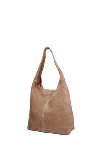 Borsa hobo in suede color marrone chiaro con una sola tracolla e una finitura morbida e testurizzata. Presenta un dettaglio con cucitura centrale.